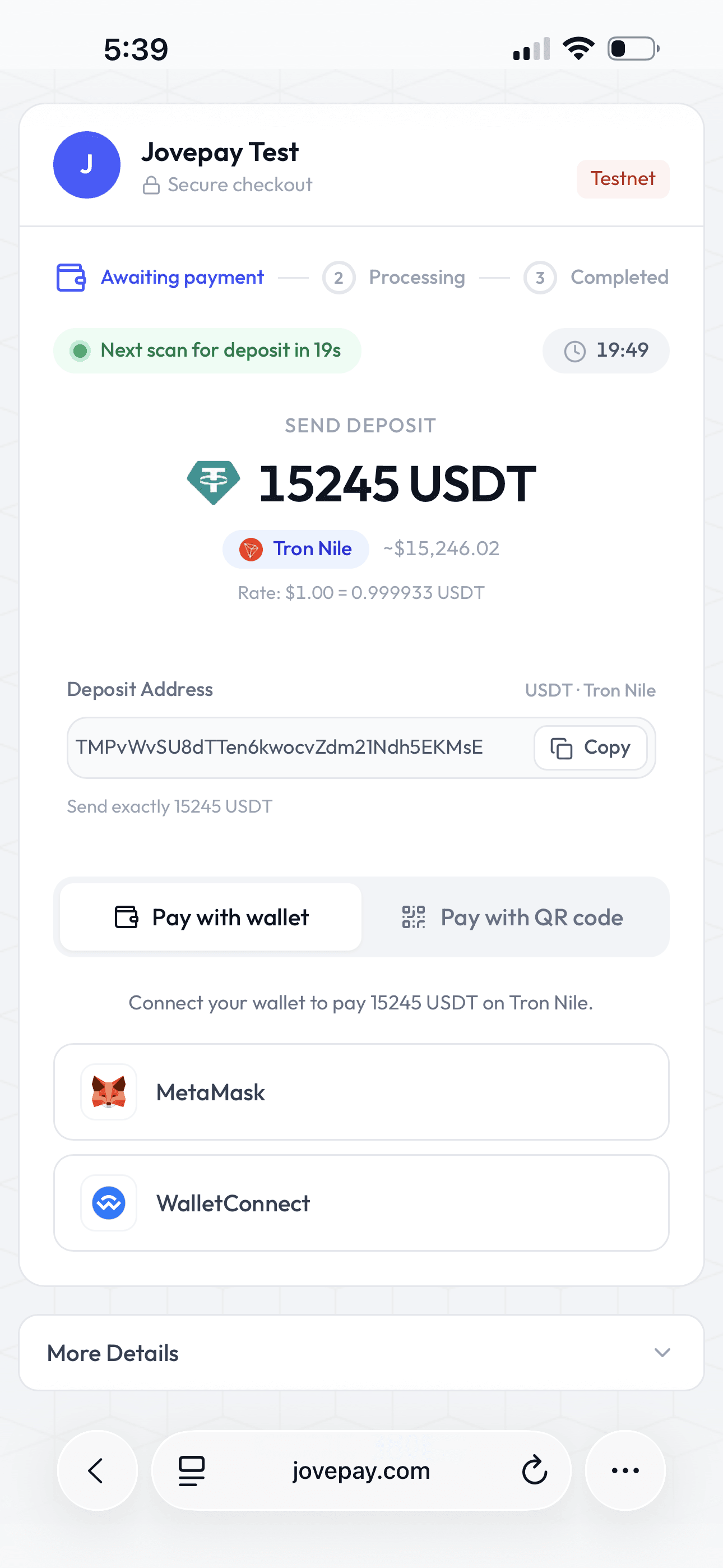 Payment deposit page with wallet connect options