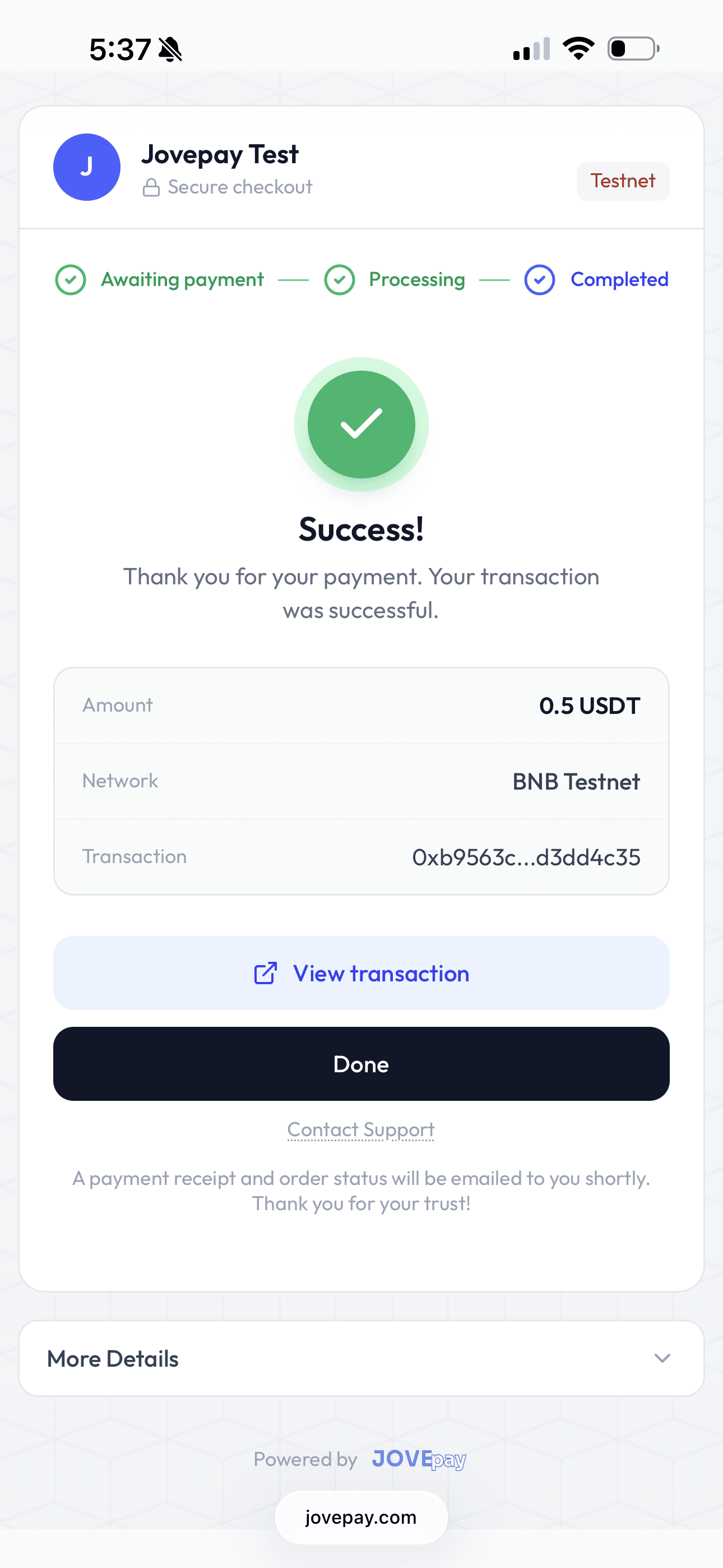 Payment successful confirmation screen